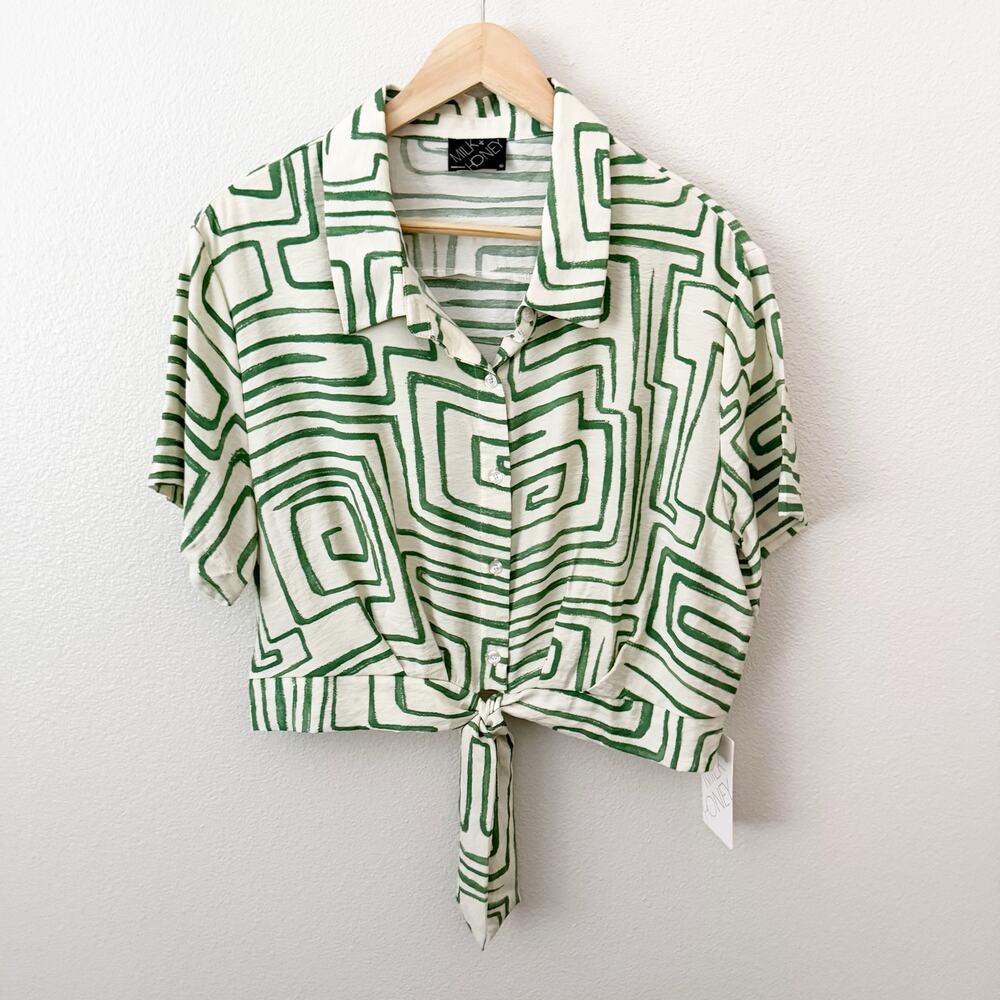 Tie-Front Geometric Print Blouse - Green